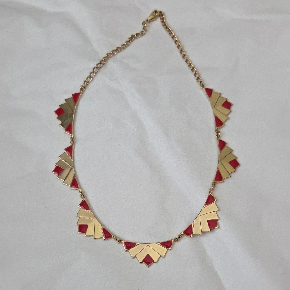 Rare Vintage Set 80s Gold-Tone & Red Enamel Geometric Earrings & Necklace - Picture 6 of 11